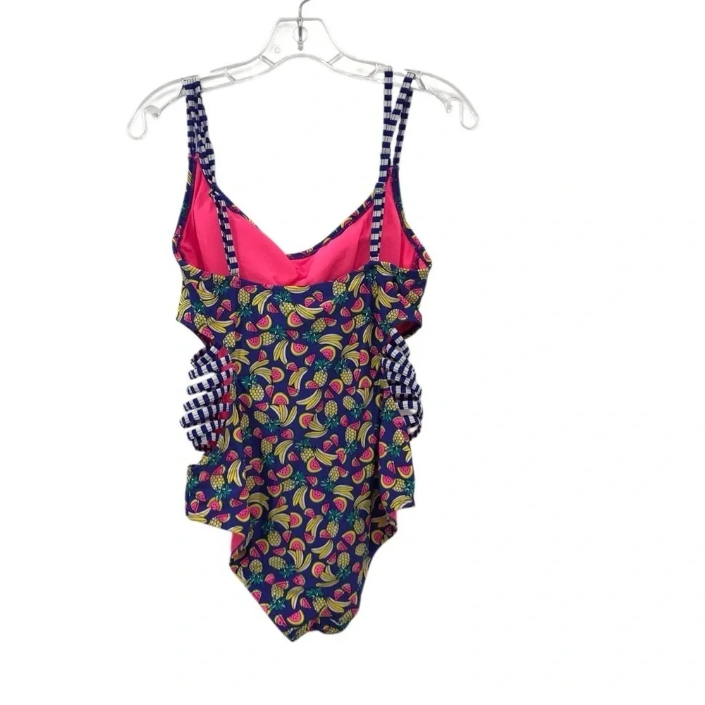 BONGO Women’s Large  One Piece Swimsuit - Blue and Pink Fruit